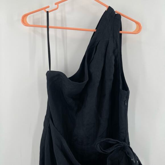 NEW ANTHROPOLOGIE Dress Size 10 NWOT One Shoulder 100% Linen Black Faux Wrap - Picture 7 of 16